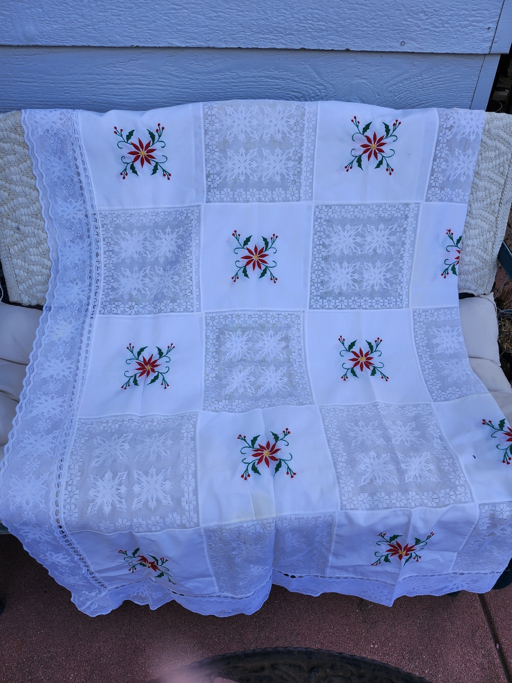 White Embroidered Floral Vintage Tablecloth with Red & Green Poinsetta Accents